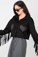 Chemise En Suède Noire Avec Poche Brodée Et Franges Au Dos
