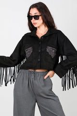 Chemise En Suède Noire Avec Poche Brodée Et Franges Au Dos