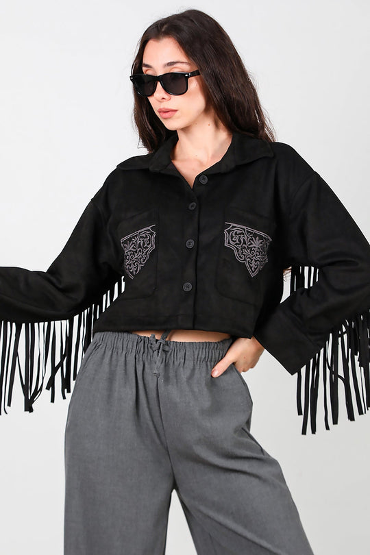 Zwarte Suède Blouse Met Geborduurde Zak En Achterfranjes