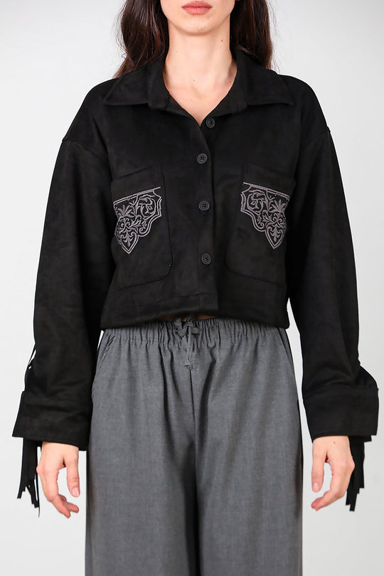 Zwarte Suède Blouse Met Geborduurde Zak En Achterfranjes