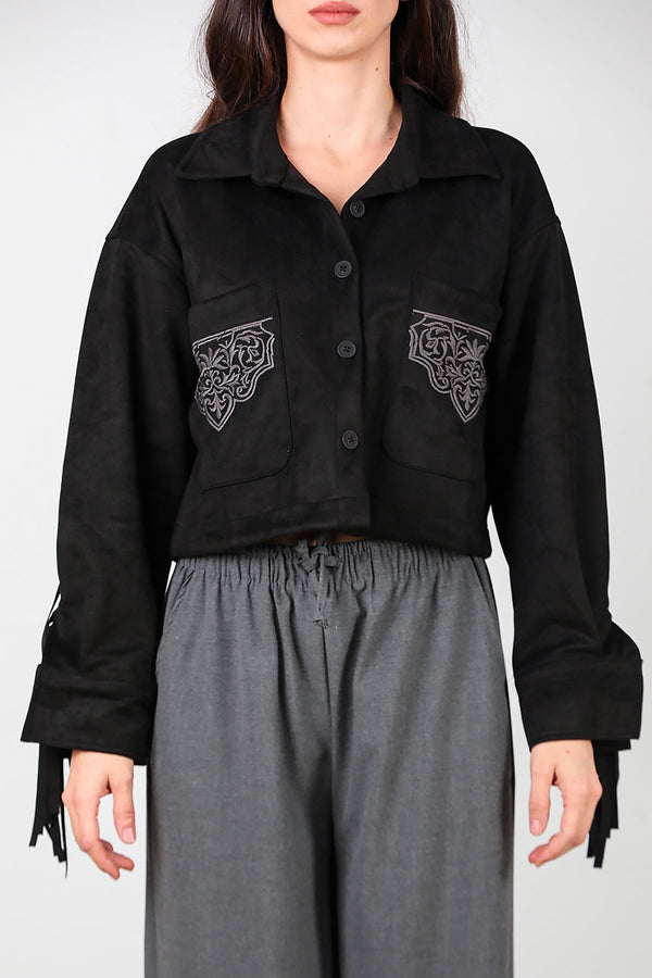 Zwarte Suède Blouse Met Geborduurde Zak En Achterfranjes