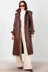 Manteau Long En Cuir Ceinturé À Motif Crocodile — Marron