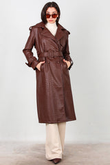 Manteau Long En Cuir Ceinturé À Motif Crocodile — Marron