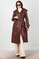 Manteau Long En Cuir Ceinturé À Motif Crocodile — Marron