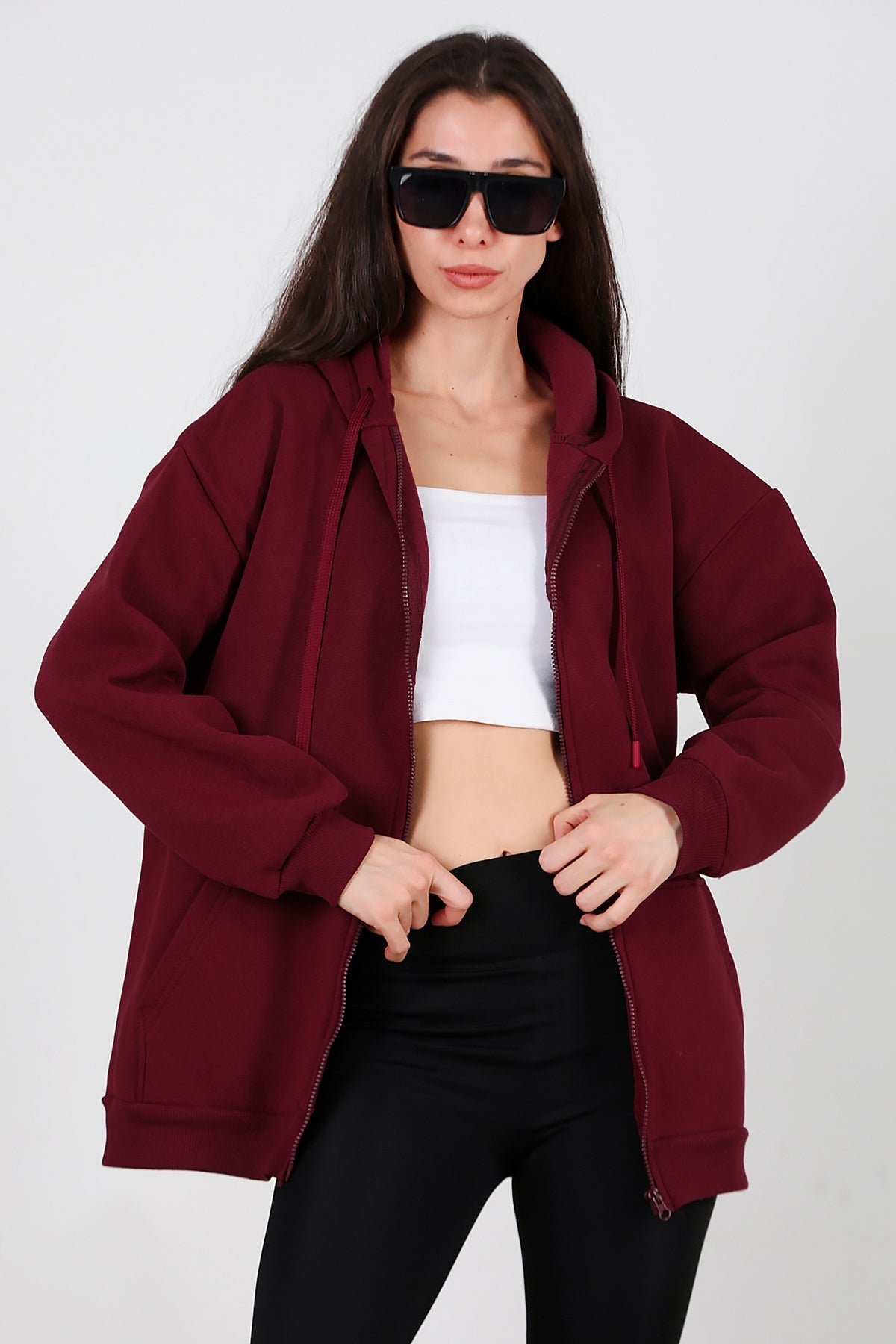 Oversized 3‑Draads Hoodie Met Rits, Bordeaux