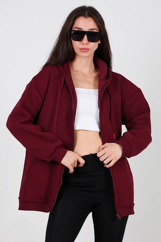 Oversized 3‑Draads Hoodie Met Rits, Bordeaux