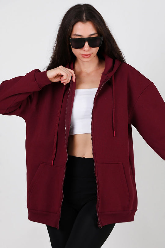 Oversized 3‑Draads Hoodie Met Rits, Bordeaux