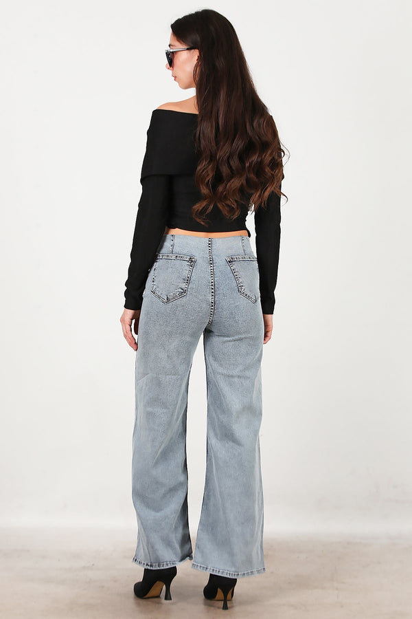 Jeans Met Elastische Taille, Wijd Model – Blauw