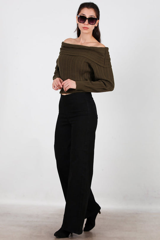 Jeans Met Brede Pijpen En Elastische Taille – Zwart