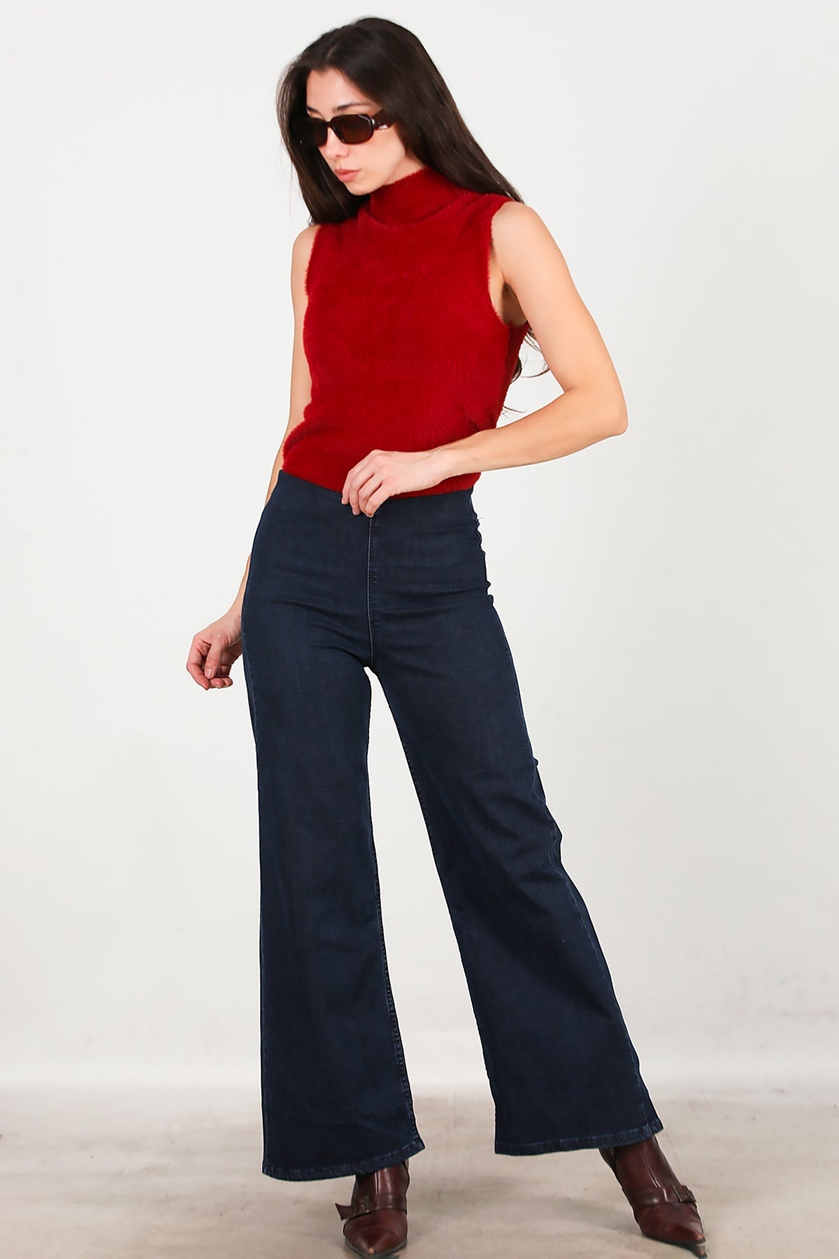 Wijde Jeans Met Elastische Taille — Marineblauw