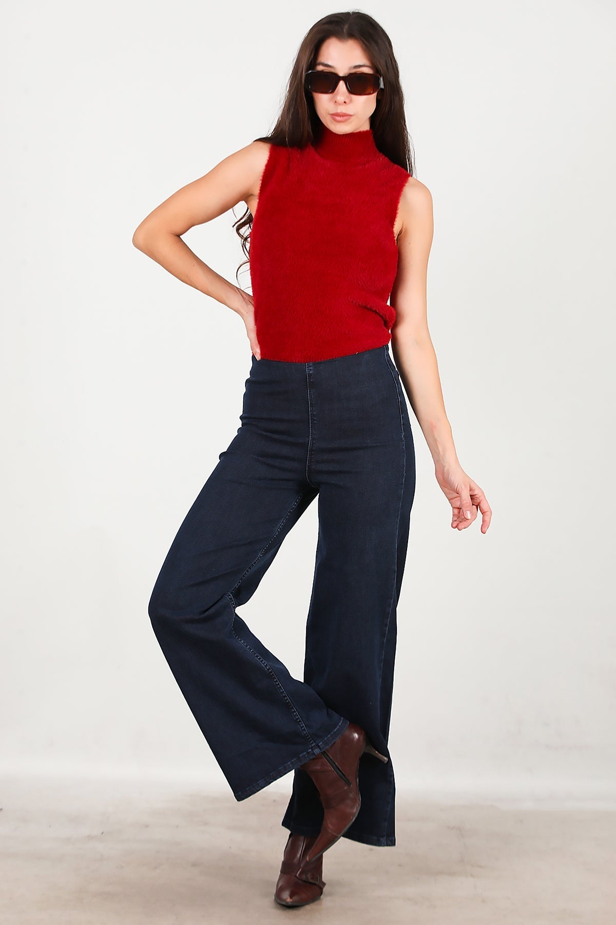 Wijde Jeans Met Elastische Taille — Marineblauw