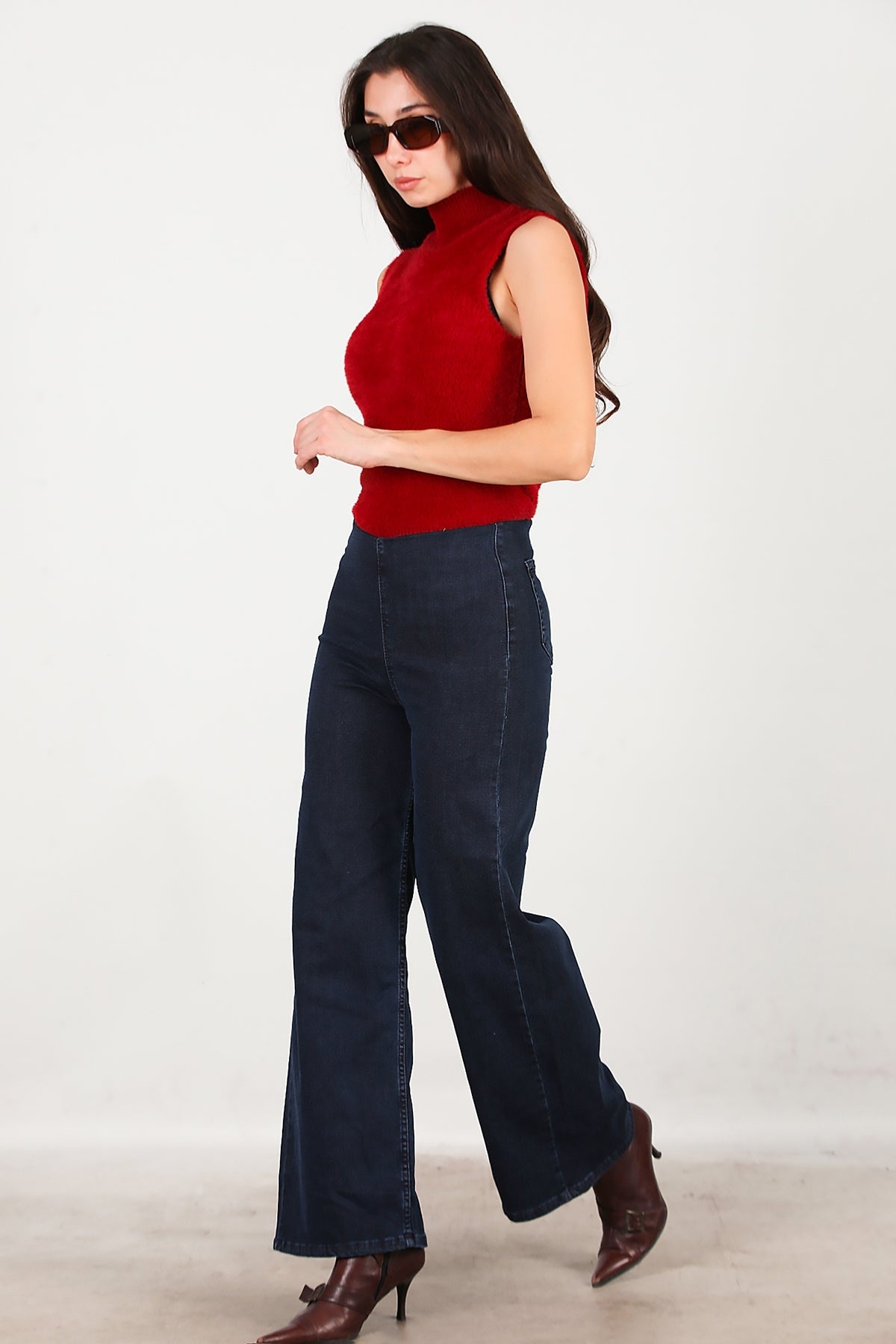 Wijde Jeans Met Elastische Taille — Marineblauw