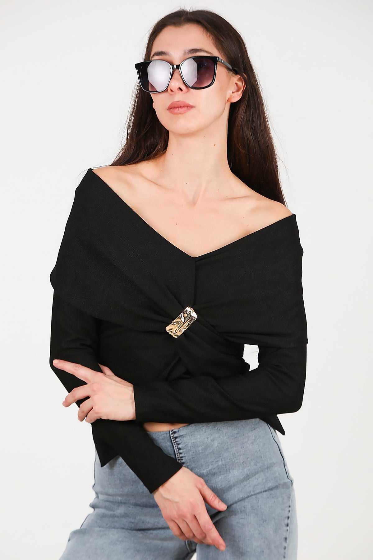 Blouse Met Sjaalkraag En Accessoire - Detail — Zwart