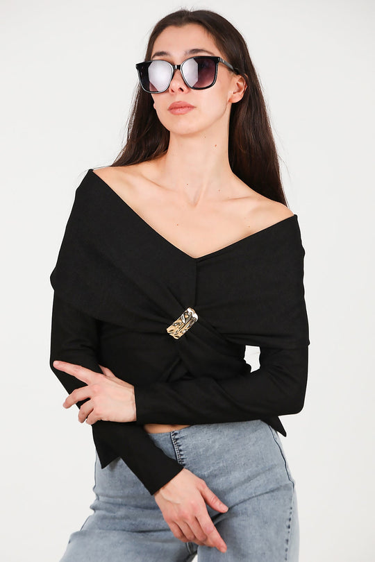 Blouse Met Sjaalkraag En Accessoire - Detail — Zwart