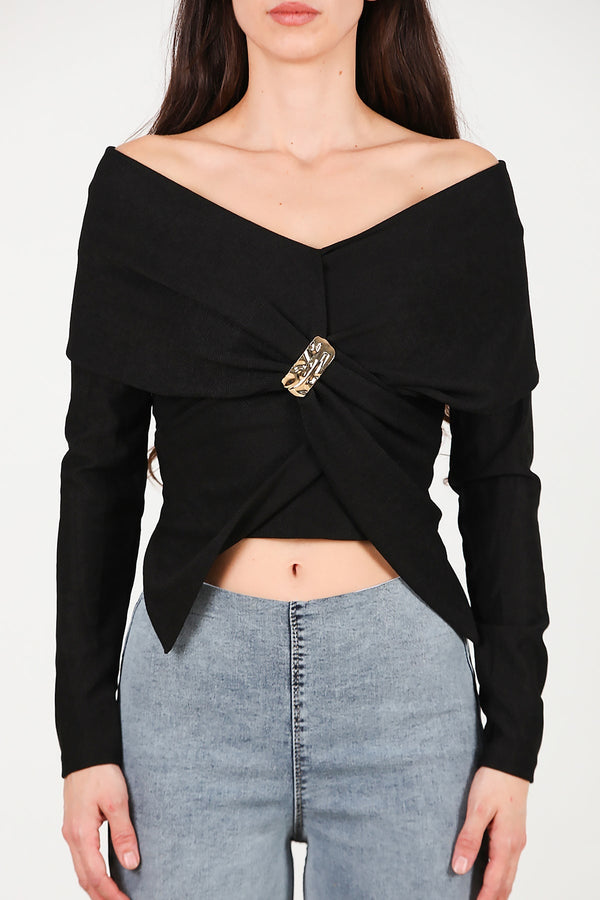 Blouse Met Sjaalkraag En Accessoire - Detail — Zwart