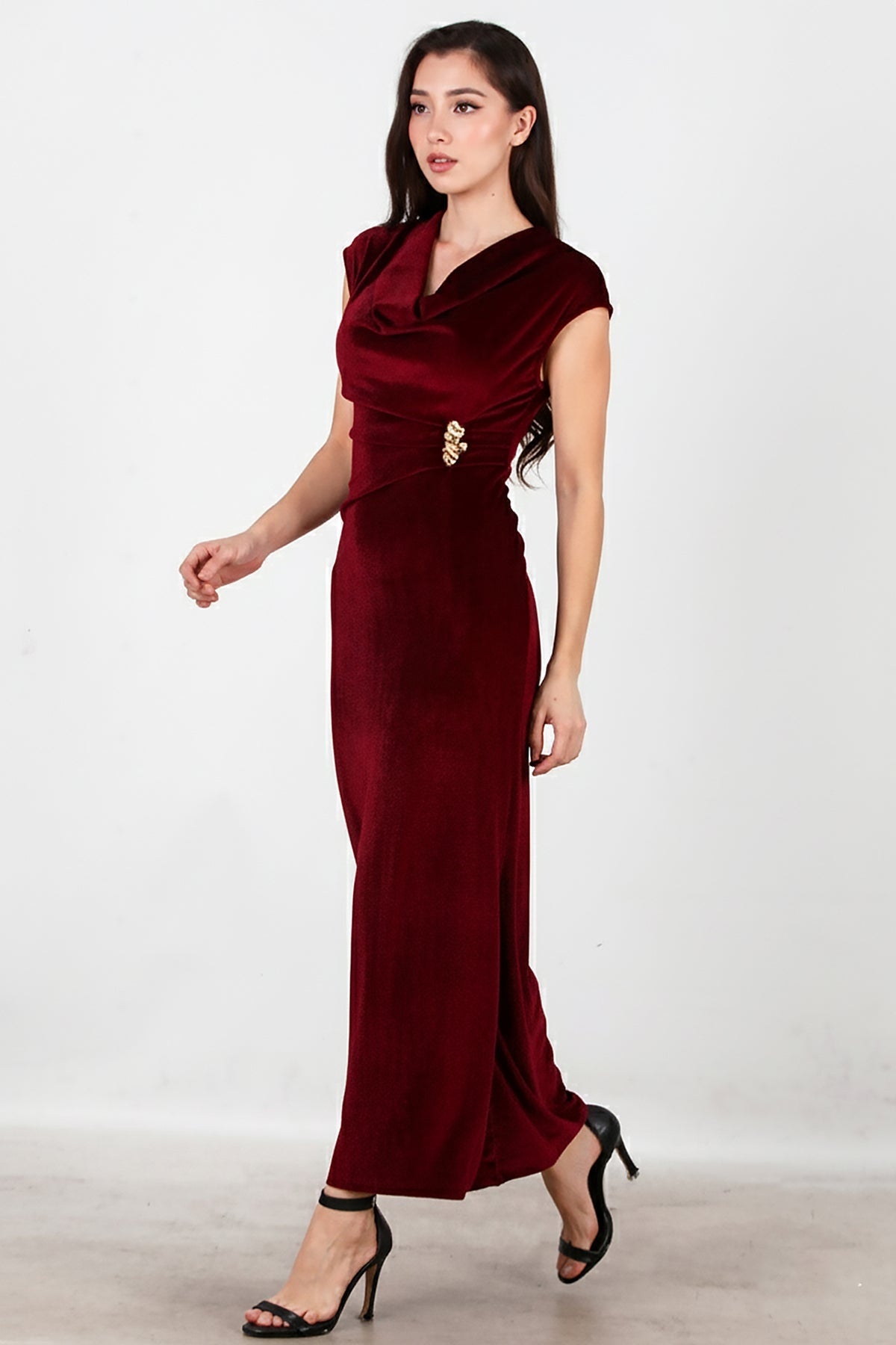 Langes Samtkleid Mit Schnallendetail – Bordeaux