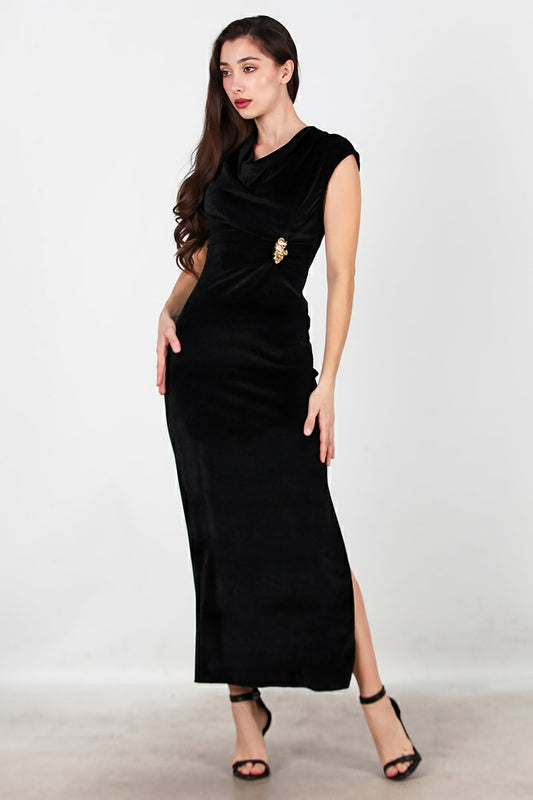 Buckle - Detail Long Velvet Dress — Black