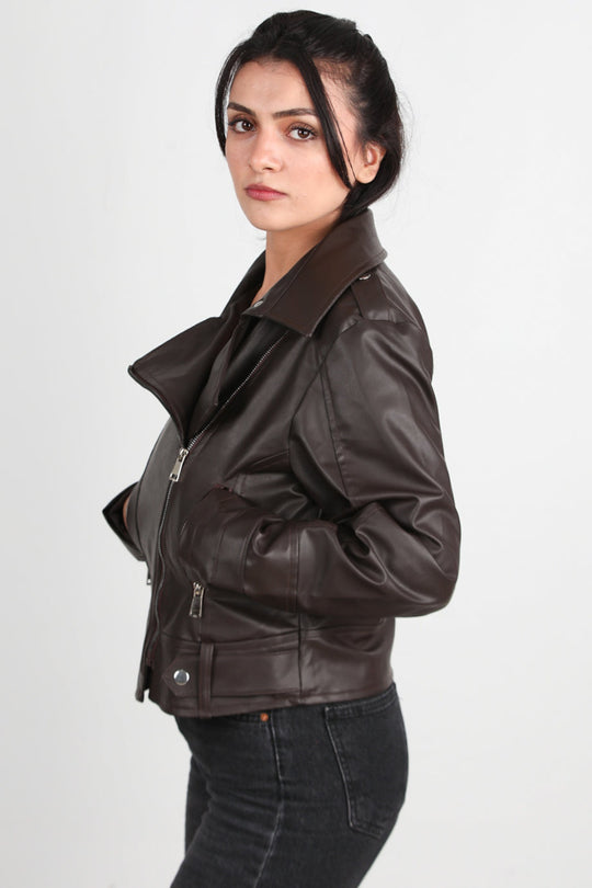 Dames Leren Jas Met Asymmetrieke Rits — Bruin