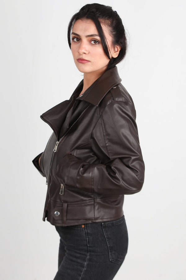 Dames Leren Jas Met Asymmetrieke Rits — Bruin