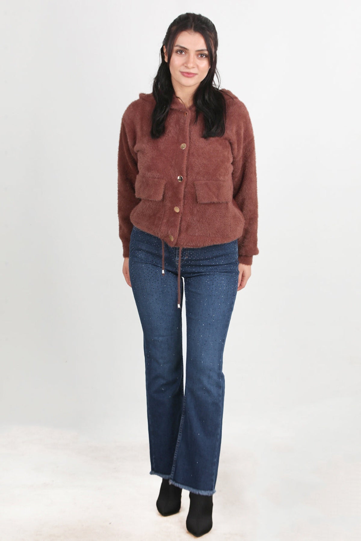 Denim Broek Met Steenversiering En Gefranjerde Zoom