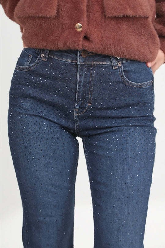 Denim Broek Met Steenversiering En Gefranjerde Zoom