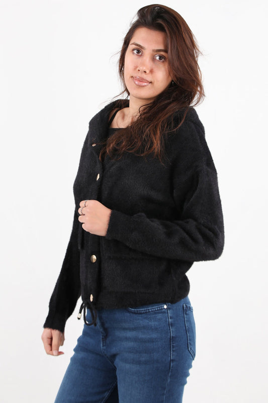Schwarzer Gerauter Cardigan Mit Kapuze Und Knopfleiste