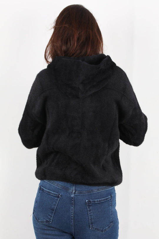 Zwarte Geruwde Cardigan Met Capuchon En Knoopsluiting