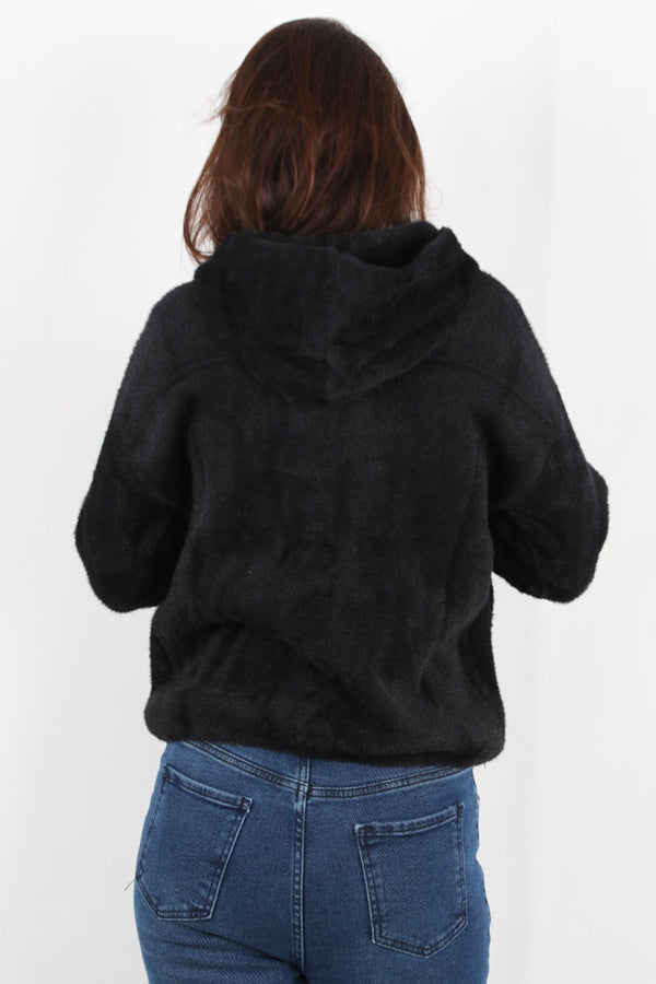 Zwarte Geruwde Cardigan Met Capuchon En Knoopsluiting