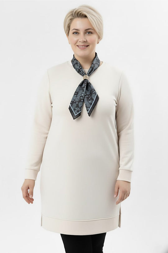 Plus - Size Tuniek Met Sjaalknoop - Off - White