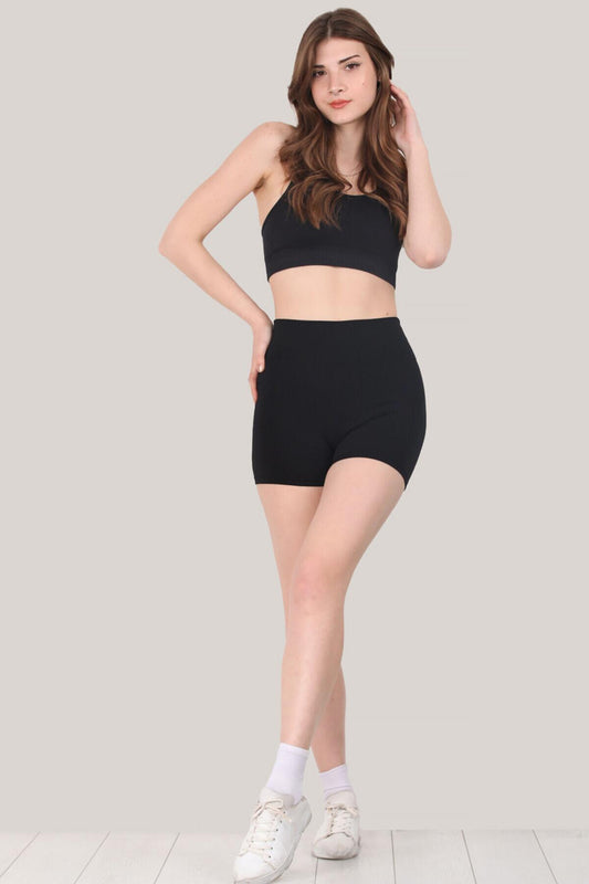 Hoch Geschnittene Stretch - Shorts - Schwarz