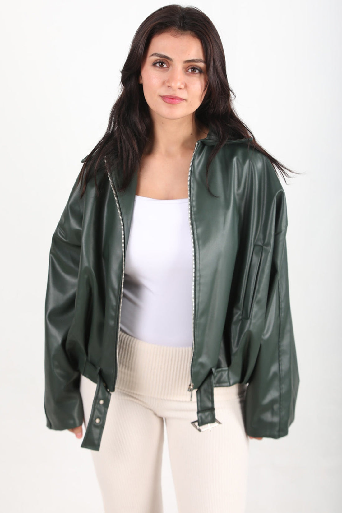 Veste En Cuir Ceinturée À La Taille, Émeraude