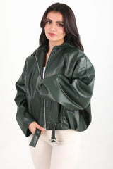 Veste En Cuir Ceinturée À La Taille, Émeraude