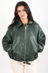 Veste En Cuir Ceinturée À La Taille, Émeraude