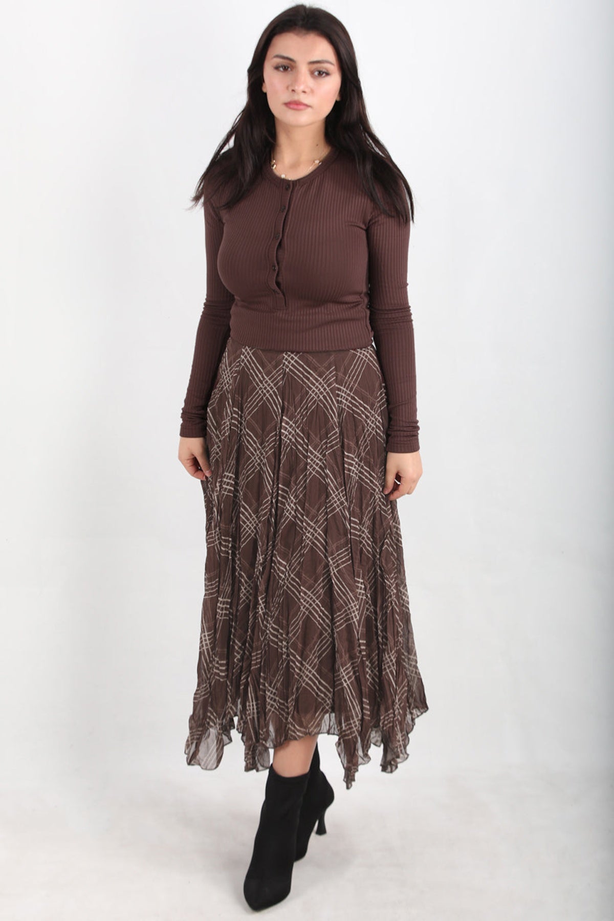 Asymmetrische Geruite Rok – Bruin