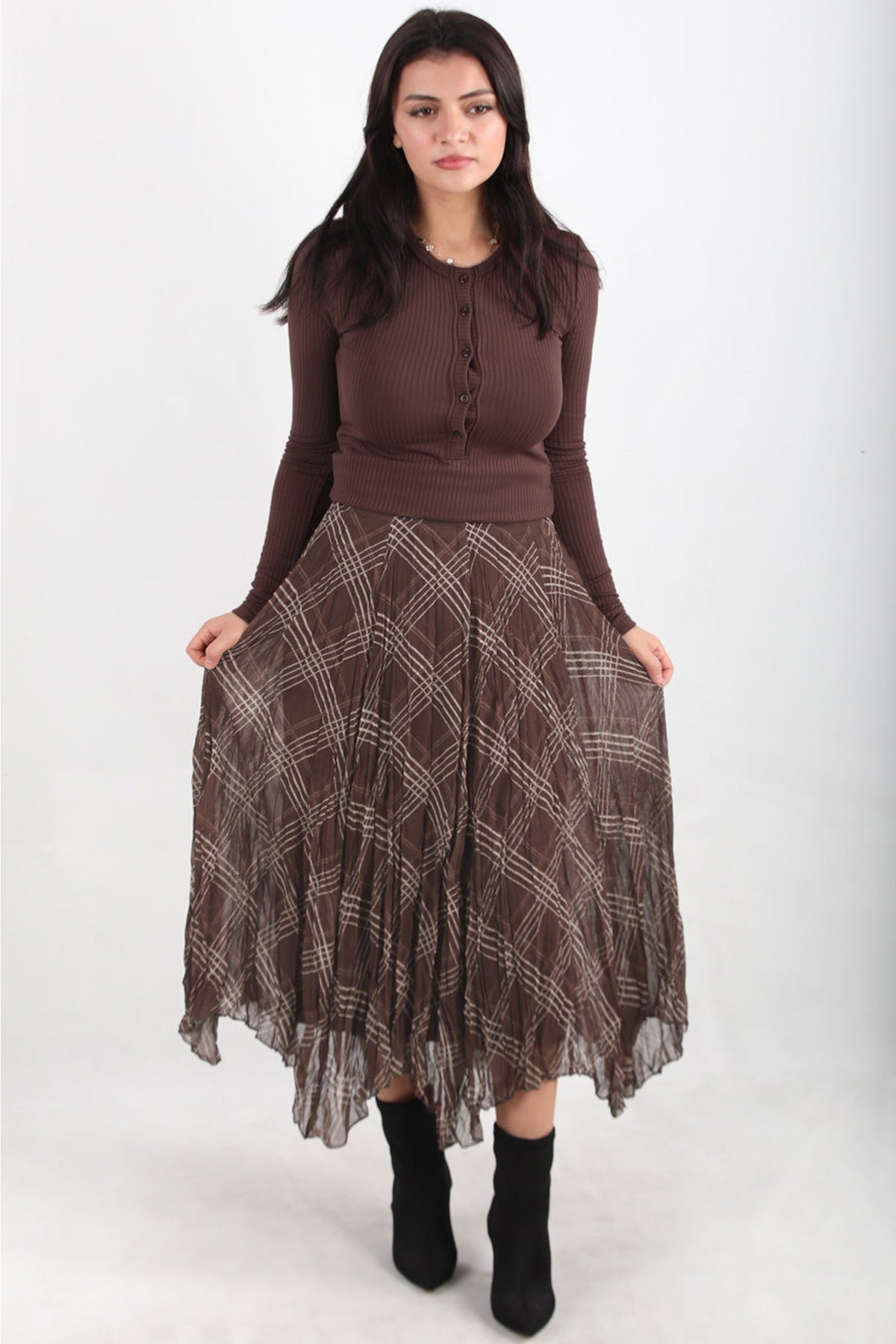 Asymmetrische Geruite Rok – Bruin
