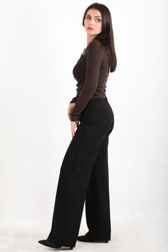 Kreppbroek Met Hoge Taille En Wijde Pijpen — Zwart