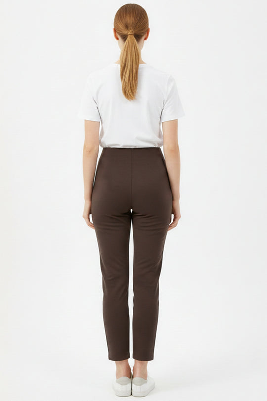 Kreppbroek Met Hoge Taille En Smalle Pijpen - Bruin