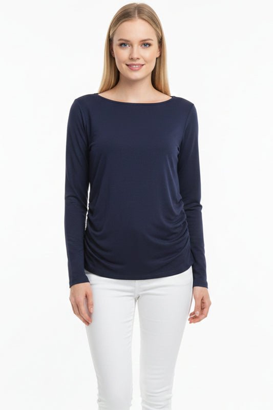 Kadın Yanları Büzgülü Kayık Yaka Bady Bluz Lacivert
