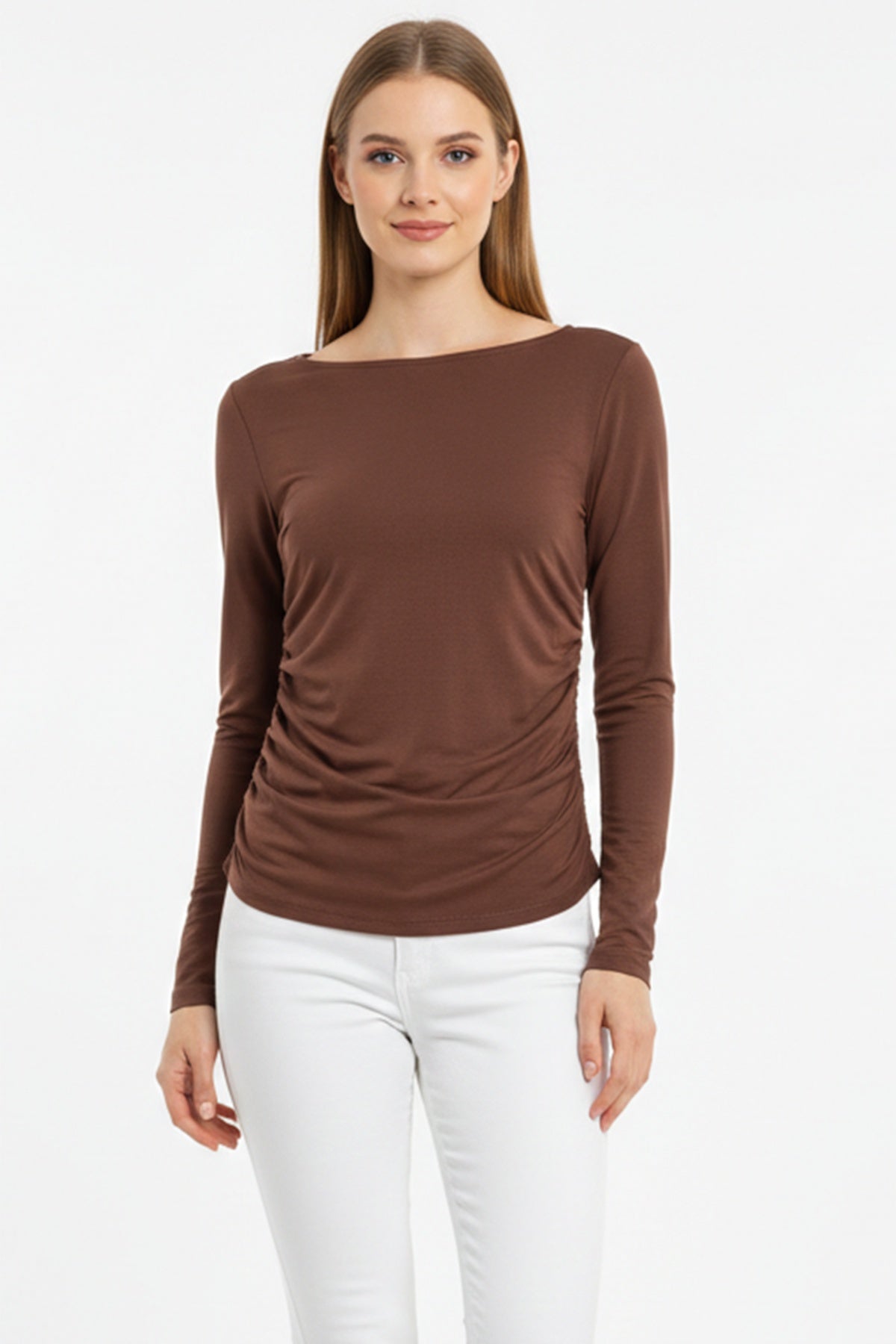 Body Met Geplooide Zijkanten En Boothals – Bruin