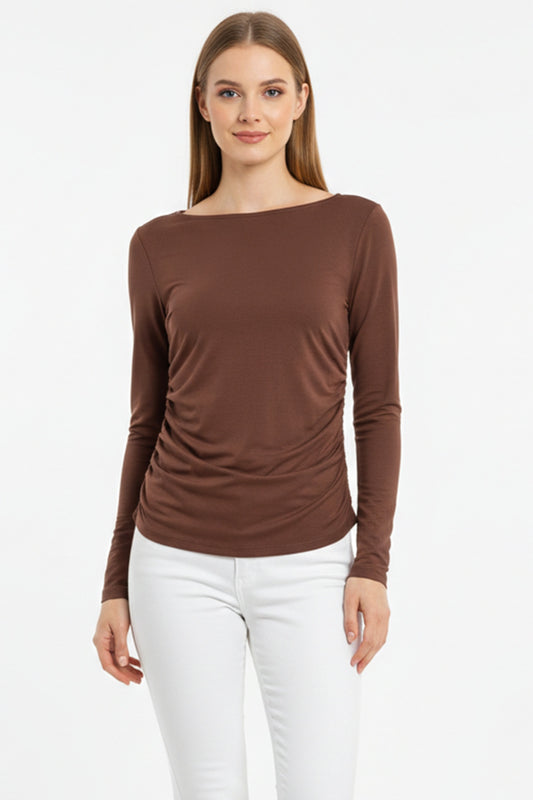 Kadın Yanları Büzgülü Kayık Yaka Bady Bluz  Kahverengi