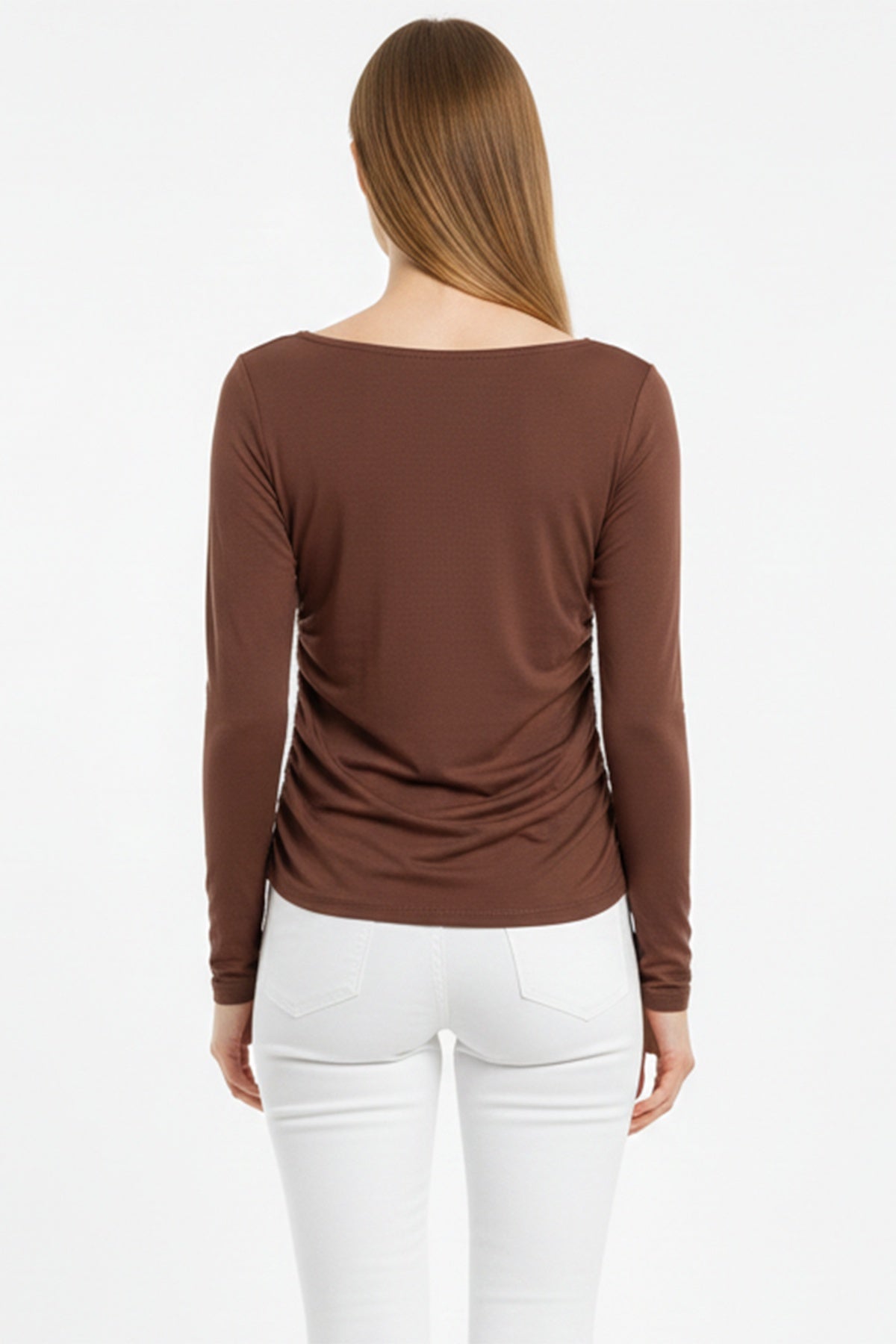 Body Met Geplooide Zijkanten En Boothals – Bruin