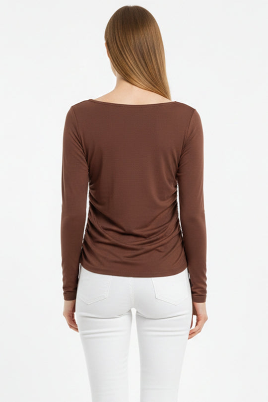 Body Met Geplooide Zijkanten En Boothals – Bruin