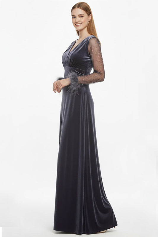 Langärmeliges Abendkleid Mit Federbesatz — Anthrazit