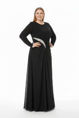 Plus - Size Avondjurk Met Steendetail In De Taille, Lange Mouwen — Zwart