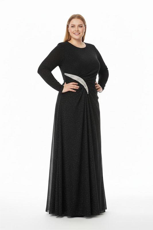 Große Größen Abendkleid, Steinbesetzte Taille, Lange Ärmel — Schwarz