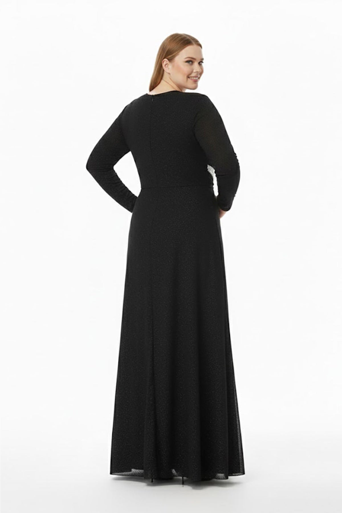 Plus - Size Avondjurk Met Steendetail In De Taille, Lange Mouwen — Zwart