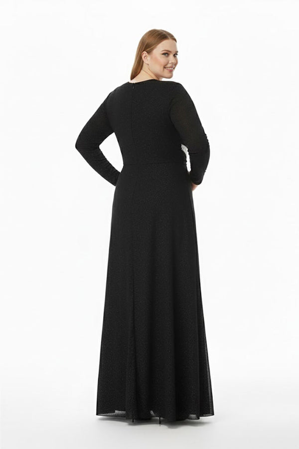 Plus - Size Avondjurk Met Steendetail In De Taille, Lange Mouwen — Zwart