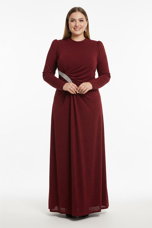 Abendkleid In Großen Größen Mit Steinbesatz An Der Taille, Lange Ärmel — Bordeaux