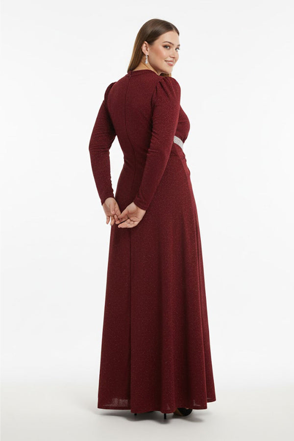 Plus‑Size Avondjurk Met Steenversiering In De Taille, Lange Mouwen — Bordeaux