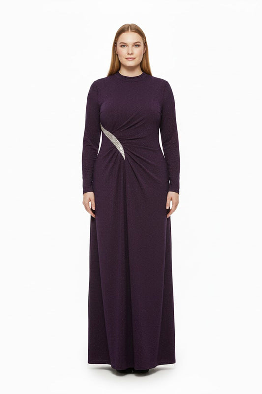 Abendkleid In Großen Größen Mit Steinbesatz An Der Taille, Lange Ärmel — Violett